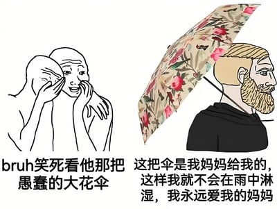这是一张左右对比的梗图，左侧是两个经典的Bruh meme角色，他们双手捂着脸，露出夸张的大笑表情。右侧是一个留着络腮胡的男子，他正严肃地撑着一把带有红色花朵图案的花伞。图片通过鲜明的对比制造幽默效果：左侧角色在嘲笑花伞的俗气，而右侧角色则表达了这把伞承载的母爱价值。