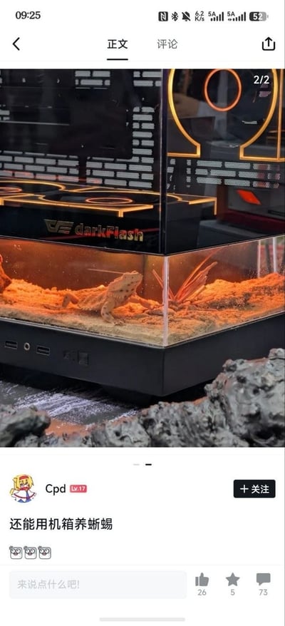 这是一张国内社交平台的帖子截图，主体展示了一台darkFlash品牌的侧透电脑机箱被改造为爬宠饲养缸，机箱下半部分填充了沙土作为饲养环境，内部饲养了一只蜥蜴，还添加了造景装饰。发布该帖子的用户昵称为Cpd，配文为“还能用机箱养蜥蜴”，附带三个惊讶的表情，帖子下方显示有26个赞、5次收藏和73条评论。