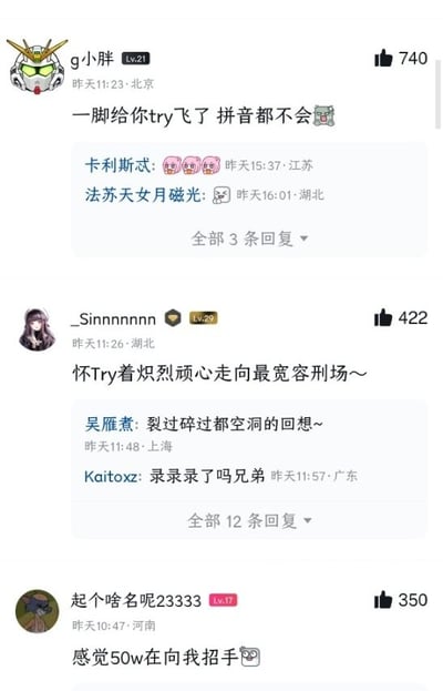 这是一张网络社区评论截图，共展示三条高赞网友评论及其下方回复。第一条由用户g小胖发布，内容为“一脚给你try飞了 拼音都不会”，获赞740，下方两条用户回复仅发送了表情；第二条由用户_Sinnnnnnnn发布，改编了歌曲《逆战》的歌词，将原词“怀抱着”改为“怀Try着”玩错字梗，内容为“怀Try着炽烈顽心走向最宽容刑场~”，获赞422，下方一条回复接了改编后的下一句歌词“裂过碎过都空洞的回想~”，另一条回复调侃“录录录了吗兄弟”；第三条由用户起个啥名呢23333发布，结合文字错误可能罚50万的网络热点，说“感觉50w在向我招手”，获赞350。整张图是网友围绕错把汉字写成英文try的玩梗互动内容。