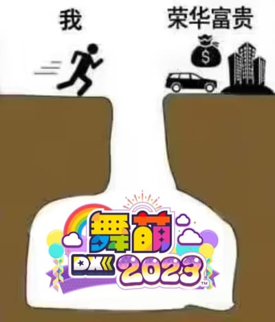 图片左侧是一个标注“我”的简笔画小人正在奔跑，右侧悬崖上标注“荣华富贵”，配有金钱袋、汽车和高楼的图案，象征财富与成功。两者之间隔着一道深沟，沟底中央是色彩鲜艳的“舞萌DX 2023”游戏LOGO。整体构图通过悬崖和深沟的视觉隐喻，幽默地表达了“舞萌DX 2023”这款游戏成为“我”追求荣华富贵道路上的阻碍这一调侃意味。