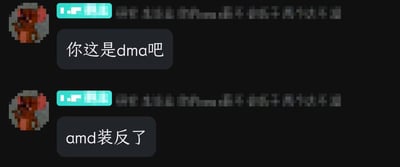 图片展示了两段聊天对话，上方对话气泡显示‘你这是dma吧’，下方显示‘amd装反了’。通过将‘amd’字母顺序颠倒为‘dma’制造谐音梗，形成幽默的误解场景。