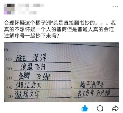 图片展示了一张疑似学生作业的截图，上面有手写的中文诗句填空答案。最引人注目的是在"橘子洲"后面保留了原文献中的注释序号"②"，引发了上方评论者的质疑："合理怀疑这个橘子洲²头是直接翻书抄的。。。我真的不想怀疑一个人的智商但是普通人真的会连注解序号一起抄下来吗？"。这种低级的抄袭失误产生了搞笑效果。