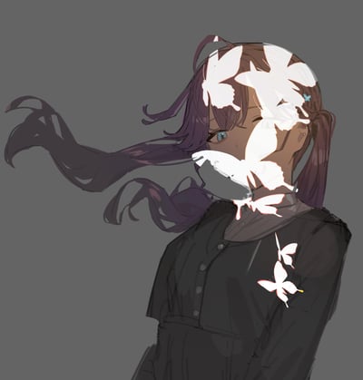 这是一幅风格化二次元插画，画面主体是一位紫发双马尾少女，她的发丝随风扬起，多只带着暖光边缘的白色蝴蝶在她的脸侧、发间、肩头飞舞环绕，部分蝴蝶遮挡住了她的脸部，背景是纯粹的深灰色，整体氛围清冷孤寂，传递出静谧疏离的感觉，图中无谐音梗或双关暗示内容。