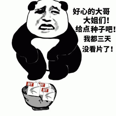图片中是一个经典的熊猫头表情包角色，它双手抱膝跪在地上，表情悲伤又带着恳求。角色面前放着一个碗，碗里装着多个标有"BT"字样的种子包。图片右侧配有文字："好心的大哥大姐们! 给点种子吧! 我都三天没看片了!"。这里使用了双关语，"种子"既指熊猫的食物种子，也指BT下载所需的种子文件，表达了对获取电影资源的渴望。