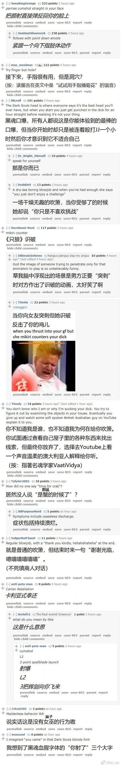 这是一组经过中文翻译的Reddit论坛玩家评论截图，内容是玩家们用《黑暗之魂》《只狼：影逝二度》《艾尔登法环》等FromSoftware魂类游戏的经典机制术语，玩低俗的性暗示黄段子，将游戏里的弹反、识破、指穴、卡利亚式奉还等操作，和性行为场景结合，搭配一张戈登·拉姆齐的痛苦表情包玩“识破”梗，整体玩梗密集，充满恶趣味的搞笑效果。其中包含多处谐音双关：1. 英文评论“Try finger but hole?”谐音“试试用手指捅菊花”；2. 所有魂类游戏机制术语都被替换成性行为相关的调侃，比如“识破”对应反击性行为、“弹反”对应颜射反弹等。