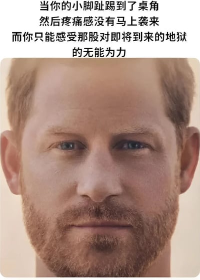 这张梗图上方是文字描述："当你的小脚趾踢到了桌角 然后疼痛感没有马上袭来 而你只能感受那股对即将到来的地狱的无能为力"，下方是哈里王子的面部特写，他表情严肃、眼神直视前方，形成一种幽默的反差效果，用名人的严肃表情来表现普通人面对即将到来的疼痛时的无奈心情。