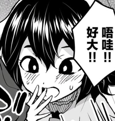 这是一张黑白漫画风格的表情素材图，图中的卡通女生眼睛圆睁，脸颊泛红且挂着汗珠，用手捂着嘴，露出十分惊讶的神情，旁边的对白气泡里写着“唔哇！好大！！”，传递出强烈的震惊与意外情绪，多用于表达看到体积、规模等超出预期的事物时的惊叹，图中内容无谐音梗、双关或暗示含义。