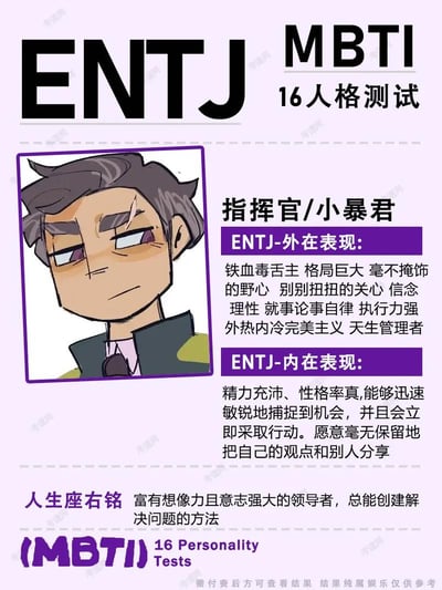 这是一张介绍MBTI十六型人格中ENTJ类型的娱乐向科普梗图，整体采用浅紫色背景，左上位置用大号字体标注“ENTJ”，右上标注“MBTI 16人格测试”。左侧配有ENTJ人格对应的卡通男性拟人头像，人物为深灰色短发，神色冷淡略带不耐烦，气质疏离。右侧依次标注该人格的别称“指挥官/小暴君”，分“外在表现”“内在表现”两个板块列举该人格的性格特征：外在表现包含铁血毒舌、格局大、有野心、理性自律、执行力强、完美主义、天生管理者等；内在表现包含精力充沛、性格率真、善于捕捉机会、行动力强、乐于分享观点等。下方还列出该人格的人生座右铭，页面底部标注“MBTI 16 Personality Tests”字样，以及“需付费后方可查看结果 结果纯属娱乐仅供参考”的提示文字，背景多处印有浅灰色“考证网”水印