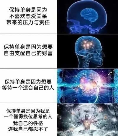 这是一张四格拼接梗图，每格左侧为文字说明，右侧为对应的脑科学可视化图像。上方三格文字逐渐升级单身理由的"高级感"，从压力责任到财富自由，再到等待真爱，右侧脑图像也从简单到复杂逐渐进化。最后一格反转，文字揭示真实原因："我自己的性格连我自己都忍不了"，右侧图像变为复杂的抽象灵性画面，形成幽默反差效果。