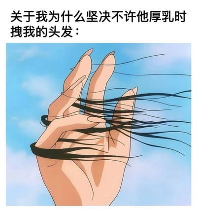 一张图文混排的梗图，上方文字为“关于我为什么坚决不许他厚乳时拽我的头发：”，下方是动画风格的手部特写，手指间缠绕着多根黑色发丝，背景为蓝天白云。通过手部抓着掉落头发的画面，幽默表达了担心头发被拽掉的心情。