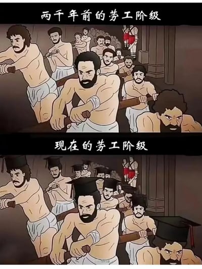 这是一张采用上下分栏形式的讽刺类卡通漫画，上半部分配有标题“两千年前的劳工阶级”，画面呈现一群赤裸上身、仅着简易下装的古代劳工，他们表情凝重、面露疲惫，正费力地扛着长木进行高强度劳作，背景中还有监工模样的人物，还原了古代底层劳工的辛苦处境；下半部分标题为“现在的劳工阶级”，画面中的劳工形象与上半部分完全一致，唯一的区别是每个劳工都戴上了代表高学历的学士帽。创作者通过这种高度相似的画面+微小关键元素的反差，讽刺当代社会中存在的学历贬值现象：即便拥有高学历，很多人依然从事着高强度、近乎底层劳工的工作，生存处境并没有随着学历提升而得到本质改善，引发人们对职场现状与学历价值的思考。