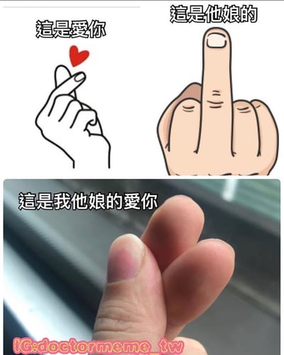 一张三格对比梗图，通过手势和文字表达强烈的爱意。上左为手指比心手势配文'這是愛你'，上右为竖中指手势配文'這是他娘的'，下为真人手指比心手势配文'這是我他娘的愛你'。通过粗话加强语气，形成幽默效果。