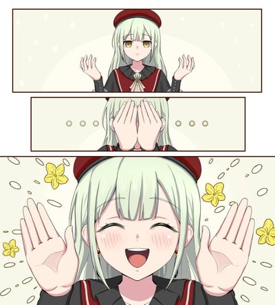 这是一组三格连环二次元漫画：第一格中，浅绿长发、戴着酒红色贝雷帽的少女抬起双手，做出躲猫猫的准备动作；第二格她用双手捂住眼睛，模拟躲猫猫的遮挡动作；第三格她将双手打开，露出双眼弯起、咧嘴大笑的开心表情，脸颊带着红晕，周围还点缀了黄色小花和闪亮特效，整体呈现出模仿躲猫猫的可爱互动场景，传递出活泼治愈的温暖氛围，无双关或谐音梗内容。