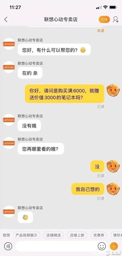 这是一张电商平台上用户与联想心动专卖店客服的聊天记录截图。对话起始于客服的主动问候，用户突然询问是否存在“购买满6000赠送价值3000笔记本”的活动，客服回复没有并询问消息来源，用户先是简短回复“没”，随后坦言该活动是自己想的，最终客服发送了一个流汗的表情回应。整个对话充满趣味性，是用户对客服的玩笑式互动，其中客服还出现了“再”字的错别字，将“在”误写为“再”。