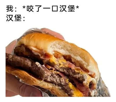 这是一张趣味搞笑梗图，采用图文混排的形式，上方是两段拟人化的对话文字：“我：*咬了一口汉堡*”“汉堡：”，下方是实拍的被人咬了一口的双层牛肉汉堡。原本料足饱满的汉堡，在被咬了一口后，上层面包变形，内部的双层肉饼、融化的芝士、培根等馅料全部散架错位，呈现出一种“崩溃散开”的状态，通过拟人的手法，将汉堡被咬后的物理变形转化为拟人化的“反应”，调侃了吃这类料多的快餐汉堡时，咬一口就容易散架的尴尬又好笑的日常体验，充满生活趣味。