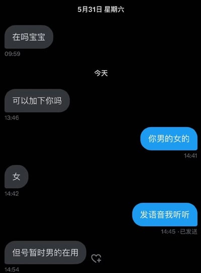一张手机聊天记录截图，显示了一段充满反转的对话。对方先发送"在吗宝宝"和"可以加下你吗"的请求，用户回复询问"你男的女的"，对方回答"女"后，用户要求"发语音我听听"，结果对方最终回复"但号暂时男的在用"，形成有趣的性别反转效果。