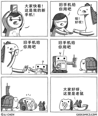 这是一组六格的黑白连环卡通漫画，讲述了一条充满荒诞趣味的旧电子设备传递链：
1. 第一格：戴眼镜的小鸟角色兴奋地向大家展示自己的新手机；
2. 第二格：小鸟将自己的旧手机递给小马，小马开心地回应“哇！好哎！”；
3. 第三格：小马拿到新手机后，将自己的旧手机递给机器人；
4. 第四格：机器人接过手机后，将自己的旧手机递给乌龟；
5. 第五格：乌龟则拿出一台老式拨号盘电话递给老鼠；
6. 第六格：老鼠将这台拨号盘电话当作容器，从里面钻出来打招呼，配文“大家好呀，这里是老鼠”，用荒诞的方式完成了这条传递链的收尾，充满搞笑趣味。