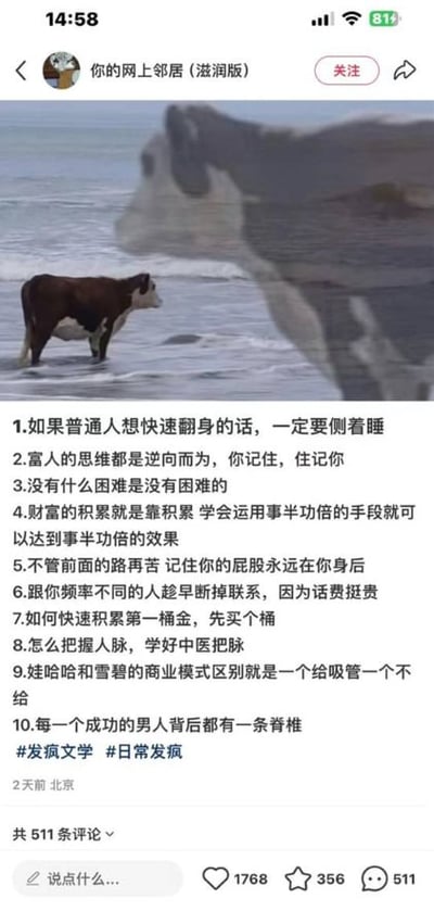 这张图背景是一头站在海边沙滩上的牛，还有一只半透明放大的牛头，充满迷茫和哲思的气质。下方配有经典沙雕风格的“翻身鸡汤指南”合集，其中用牛的一本正经形象来对比带有双关和荒诞色彩的人生建议。这种排比、仿成功学鸡汤体的文本常用来吐槽拼搏无用、人生困顿和各种土味逆袭说法，具有强烈的反讽意味。

双关/谐音梗：有调侃“翻身”的字面（侧身睡=翻身）和隐喻（人生逆袭）；并结合网络流行的“牛主目（牛）”作为迷惑元素增强离谱感。