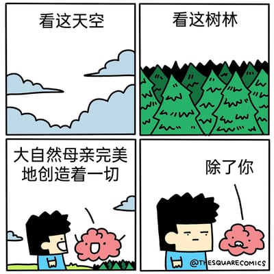 这是一幅四格连环搞笑漫画，采用简洁的卡通画风：第一格展示了点缀着云朵的天空，配文引导读者欣赏自然；第二格呈现出一片茂密的绿色树林，继续铺垫对自然的赞美；第三格中，黑发卡通角色满脸笑意，对着粉色花状卡通角色感慨“大自然母亲完美地创造着一切”，粉色花状角色也开心地做出回应，营造出温馨的氛围；第四格画风突变，黑发角色瞬间露出嫌弃的表情，对着粉色花状角色说出“除了你”，粉色花状角色立刻变得沮丧失落，通过前后强烈的反差制造出反转的搞笑效果，用幽默的方式吐槽这个粉色花状角色是自然中的“不完美例外”。