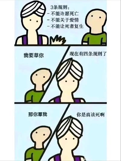 这是一幅三格搞笑漫画，描绘了两个简单线条风格的人物之间的对话。第一格中，戴头巾的角色列出三条规则：不能许愿死亡、不能关于爱情、不能让死者复生。第二格中，光头角色挑衅地说"我要草你"，头巾角色回应"现在有四条规则了"。第三格中，光头角色继续挑衅"那你草我"，头巾角色愤怒回应"你是真该死啊"。漫画通过违反规则的挑衅对话制造幽默效果。