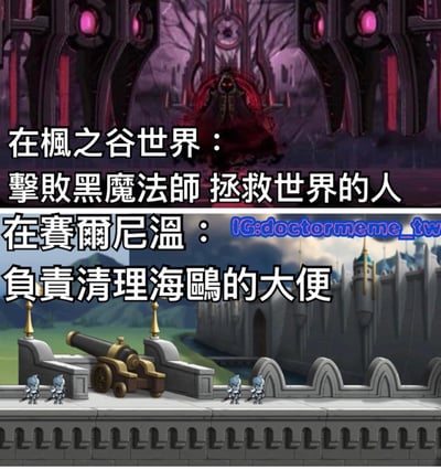 这是一张上下对比的游戏梗图，上半部分展示枫之谷世界中击败黑魔法师拯救世界的宏大场景，下半部分则展示赛尔尼温中负责清理海鸥粪便的日常场景，通过强烈反差制造幽默效果。