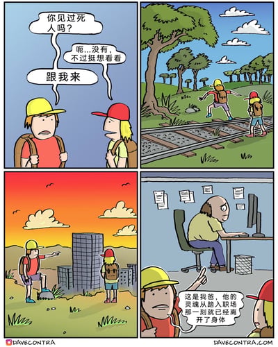 这是一组四格讽刺漫画：
第一格：戴着黄帽子穿红衣服的背包男孩问红帽子黄头发的同伴“你见过死人吗？”，同伴表示没见过但想看看，黄帽子男孩让他“跟我来”；
第二格：两人来到铁轨旁，黄帽子男孩做出危险的动作，似乎要展示“死人”，这是带有误导性的铺垫；
第三格：黄昏时分，两人来到城市边缘，黄帽子男孩指向高楼；
第四格：场景切换到办公室，一个秃头、眼神麻木的中年男人正对着电脑机械办公，黄帽子男孩介绍道“这是我爸，他的灵魂从踏入职场那一刻就已经离开了身体”。
漫画用黑色幽默的方式讽刺了职场打工人被工作消磨热情、如同行尸走肉的状态，将失去生活热情的职场人比作“灵魂离开身体的死人”，反差感强烈，直击职场人的疲惫与无奈。