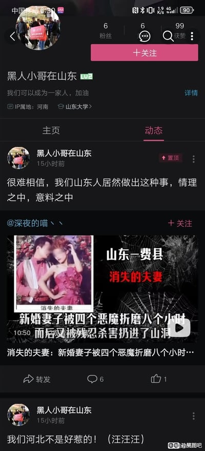 这是一张哔哩哔哩（B站）的用户个人主页动态截图，用户ID为“黑人小哥在山东”，等级为LV2，IP属地显示为河南，学校标注为山东大学，个人简介是“我们可以成为一家人，加油”，该用户拥有6名粉丝，获赞99次。其动态中置顶了一条转发内容，配文“很难相信，我们山东人居然做出这种事，情理之中，意料之中”，转发的是关于山东费县“消失的夫妻”这一恶性案件的视频；随后又发布了一条动态“我们河北不是好惹的！（汪汪汪）”，用户的IP属地、自称的地域与标注的学校地域出现混乱矛盾，形成了搞笑的反差效果。截图右下角带有相关水印。