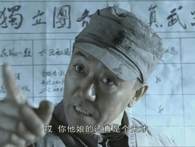 图片中是一位穿着旧式军装的男性角色，表情惊讶，正用手指向前方。背景是带有中文毛笔字的文件或公告，上面可见“独立图备”等字样。图片底部有字幕：“哎 你他娘的还真是个天才”。这张截图展现了一个情绪激动的场景，角色似乎在对某人的聪明才智表示惊讶或赞叹。