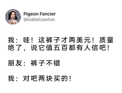这是一张社交媒体截图，左上角是用户Pigeon Fancier的头像与账号@isabelzawtun，下方是一段中文对话：“我”兴奋地分享自己仅花费两美元就买到了质量极佳的裤子，称这条裤子说值五百都有人相信；朋友简单回应“裤子不错”后，“我”又激动地强调裤子是两块钱买的，生动展现出“我”买到超高性价比好物后的开心，以及迫切想要分享这份喜悦的心情。