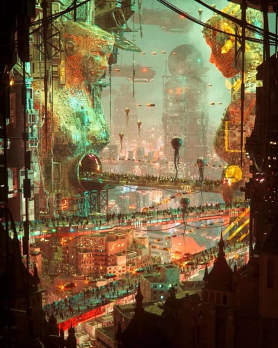 这是一幅极具视觉冲击力的赛博朋克风格未来都市景观。画面中央是两座巨大的人形雕像，左侧雕像呈现青绿色调，右侧则以金黄色为主，它们的面部由复杂的网格和电路图案构成，仿佛是科技与人类的融合体。雕像之间是一个层次分明的未来城市，布满了高耸入云的摩天大楼、空中走廊和飞行车辆。城市中灯火通明，霓虹灯闪烁，呈现出典型的赛博朋克美学特征。画面下方可以看到传统风格的建筑与未来科技建筑并存，形成鲜明对比。整体色调以青绿色和橙红色为主，营造出一种神秘而繁华的未来都市氛围。