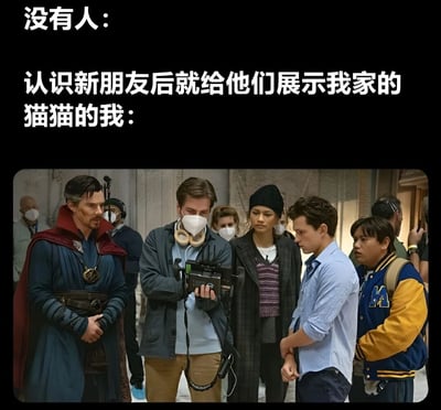 图片上方分两行显示文字，第一行为'没有人：'，第二行为'认识新朋友后就给他们展示我家的猫猫的我：'。下方是一张电影片场的照片，多位演员和工作人员围绕着一台摄像机，神情专注地看着屏幕，其中包括奇异博士和蜘蛛侠等漫威角色。通过对比，幽默地表现出自己认识新朋友后急于展示自家猫咪的热情，就像片场众人专注于拍摄内容一样。