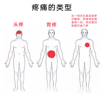 这是一张采用图文混排形式的网络梗图，标题为“疼痛的类型”。图中包含三幅男性人体线稿示意图，分别展示三种不同的“疼痛”：第一幅图的头部有红色区域，标注“头疼”，代表常见的生理性头部疼痛；第二幅图的腹部有红色区域，标注“胃疼”，代表常见的生理性胃部疼痛；第三幅图的胸部有红色区域，人物面部带有流泪的悲伤表情，右侧配有文字“从一场无比真实的梦中醒来，梦里有你想要的一切，然后意识到那只是个梦”，创作者借用生理性疼痛的表现模板，将梦醒后失去美好幻想的心理失落感具象化为“胸口疼”，用幽默夸张的方式，让人们对这种遗憾、失落的情绪产生强烈共鸣。