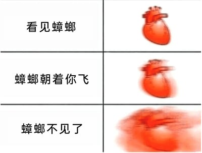 这是一张竖排的三格图文拼接图，每一格左侧为文字描述，右侧是对应情绪状态的心脏图案，通过心脏的模糊程度递进，具象化展示人面对蟑螂时的心理变化：第一格文字为“看见蟑螂”，右侧是清晰的正常心脏图案，代表刚发现蟑螂时的初始紧张状态；第二格文字为“蟑螂朝着你飞”，右侧是开始模糊晃动的心脏图案，体现蟑螂飞过来时，恐惧情绪升级，心脏仿佛也随之慌乱；第三格文字为“蟑螂不见了”，右侧是完全模糊重影的心脏图案，表现出蟑螂消失后，未知的恐惧带来的极致焦虑，精准戳中了大众对蟑螂的普遍恐惧心理。
