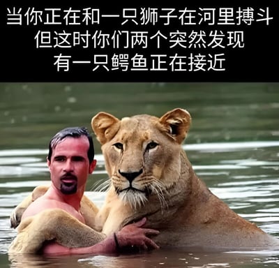 图片上方配有文字“当你正在和一只狮子在河里搏斗 但这时你们两个突然发现 有一只鳄鱼正在接近”，下方画面中一名赤裸上身的男子与一只狮子在水中对峙，男子双臂环绕狮子，狮子头部靠近男子，二者表情均显警觉，共同面对即将到来的鳄鱼威胁，整体营造出一种紧张又略带荒诞幽默的场景。