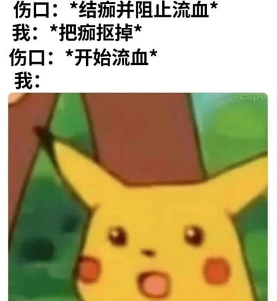 图片上方为文字对话，描述了伤口结痂后阻止流血，而“我”却把痂抠掉导致伤口再次流血的日常场景，下方配有《精灵宝可梦》中皮卡丘惊讶张嘴的经典表情截图，用幽默方式展现人们明知不可为而为之的搞笑行为。