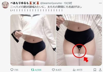 这是一张X平台（原推特）的用户推文截图，包含左右两张对比实拍图。左侧图中，一位穿着白色水手短上衣、黑色三角裤和白色过膝袜的人，拉起上衣露出腹部，展示穿搭；右侧图则用放射状线条强调视觉焦点，红圈和箭头标出大腿根部与过膝袜之间的缝隙。推文配文表达了想要在过膝袜的“绝对领域”（二次元中指过膝袜与短裤之间的大腿区域）以及大腿缝隙里也留下名字的趣味想法，是对二次元“绝对领域”梗的延伸玩梗，充满了二次元爱好者的脑洞趣味。