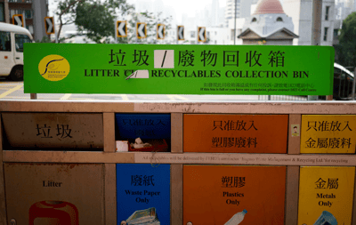 这张图片展示了一个位于城市街道旁的多分类垃圾废物回收箱。回收箱顶部有一个绿色标牌，上面用中英文写着"垃圾/废物回收箱"和"LITTER RECYCLABLES COLLECTION BIN"。箱子分为多个隔间，分别用于投放不同类型的垃圾：普通垃圾、废纸、塑料废料和金属废料，每个隔间都有相应的中文和英文标识。背景中可以看到城市街道、建筑物和交通标志，显示这是一个城市环境中的公共设施。