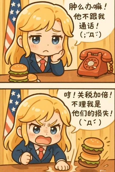 这是一幅由两格组成的Q版讽刺漫画：
第一格中，Q版金发美国政客托着腮，对着老式电话露出委屈发愁的表情，配文“肿么办嘛！他不跟我通话！(;´Д`)”，桌上还放着双层汉堡；
第二格中，该政客愤怒地拍桌子，表情凶狠，配文“哼！关税加倍！不理我是他们的损失！(｀Д´)”，汉堡被震得弹起。
漫画用幼稚耍脾气的拟人化方式，讽刺了赌气式的政策行为，无特殊双关或谐音梗。