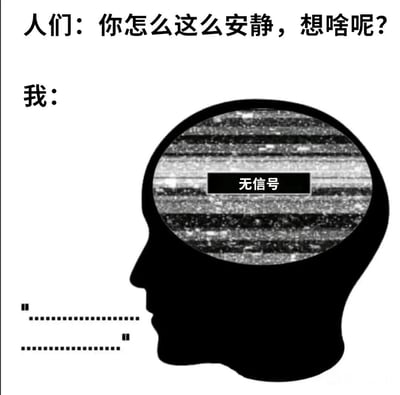这张梗图用幽默方式展现了社交场景中的常见对话：当人们问"你怎么这么安静，想啥呢？"时，图中人物头部轮廓内显示电视无信号的雪花屏图案，并配有"无信号"文字，下方还有表示沉默的省略号。通过将大脑活动比喻为电视无信号状态，形象地表达了内向者在社交场合中并非深思熟虑，而是大脑一片空白的真实状态。