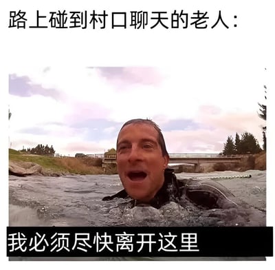图片上方有文字“路上碰到村口聊天的老人：”，中间是贝尔·格里尔斯半身浸在冰水中、表情惊恐的画面，下方有文字“我必须尽快离开这里”。通过将生存专家面对极端环境的惊恐表情与“遇到村口老人聊天”这一日常场景结合，形成幽默反差效果，表达了人们对被长辈过度关心或闲聊的无奈与想逃离的心情。