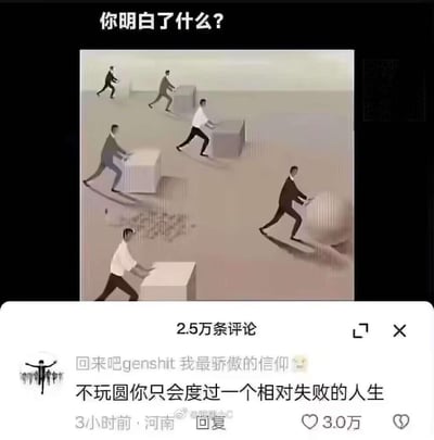 这张图是图文混排的玩梗内容：上方是一张视觉错位的职场隐喻插画，画面里多名职场人士看似在依次推大小递减的箱子，但实际上最前方的人只是在推空气，后面的人被影子误导，盲目跟着推“不存在的箱子”，插画上方配文“你明白了什么？”，原本是用来讽刺职场中盲目跟风、不辨方向的行为；下方是微博的评论截图，一条来自河南的用户评论玩梗：“回来吧genshit 我最骄傲的信仰 不玩圆你只会度过一个相对失败的人生”，这里是谐音梗：“genshit”是对“Genshin（原神）”的戏谑拼写，“圆”谐音“原”，指代游戏《原神》，将原本的职场寓意图和原神玩家的搞笑安利结合，形成反差感的玩梗效果。