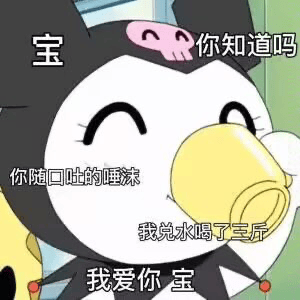 这张图片是库洛米动画角色的表情包，她捧着黄色杯子喝水，脸上带着开心撒娇的表情。配上的文字以“宝”为主线贯穿，表达了对对方极度撒娇和喜欢，句子如“你随口吐的嘱咐，我先水喝了壹斤”，既有网络用语的幽默也有甜蜜的情感，非常适合拿来情侣间玩梗表白。整个语气调皮可爱，轻松有趣。

整张图没有明显双关、谐音梗，采用了戏谑和夸张修辞，主要体现“喝水”这个网络流行梗和恋爱表白的夸张表达。