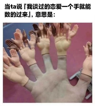 图片上方配有文字“当ta说『我谈过的恋爱一个手就能数的过来』，意思是：”，下方是一张创意图片——一只手掌的每个手指上都连接着多只大小不一、肤色各异的小手，形成“一只手”上有无数只手的视觉效果。通过这种夸张的视觉错位，幽默地调侃了人们说“恋爱能用一只手数清”时，实际上可能隐藏着数量众多的恋爱经历。