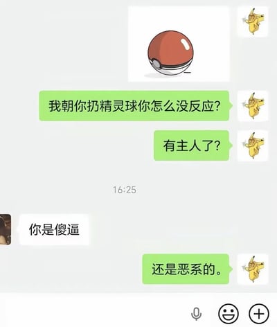 这是一张社交软件聊天记录截图，头像为恶搞皮卡丘的用户（绿色消息框）先发出宝可梦精灵球的表情包，随后调侃对方：“我朝你扔精灵球你怎么没反应？有主人了？”，对方（白色消息框）回复脏话表达不满，绿框用户随即结合宝可梦的属性设定玩梗接话“还是恶系的”，将对方的暴躁反应调侃成恶系宝可梦的特性，对话诙谐有趣，是典型的二次元相关玩梗搞笑内容。