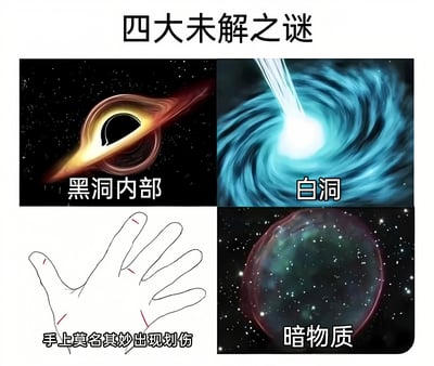 图片以“四大未解之谜”为标题，采用2x2网格布局展示四幅内容：左上角为标注“黑洞内部”的黑洞艺术图，右上角是标注“白洞”的蓝色漩涡状天体图，左下角为手绘风格的手部示意图并标注“手上莫名其妙出现划伤”，右下角为标注“暗物质”的宇宙星云图。整体通过将天体物理学中的重大未解之谜（黑洞、白洞、暗物质）与日常生活中常见的小困惑（手部莫名划伤）并列，形成幽默反差，调侃两者在人们认知中同样“未解”的趣味性。