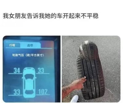 这是一张左右拼接的对比梗图，上方配文「我女朋友告诉我她的车开起来不平稳」。左侧是汽车的胎压显示界面，显示三个轮胎气压为33、34磅/平方英寸，右下角的轮胎气压却显示为102；右侧是实拍的损坏轮胎，轮胎已经被扎得严重扭曲变形，一只手正指着这个轮胎。

笑点在于胎压显示和实际轮胎状态的荒诞反差：轮胎坏到几乎无法使用，胎压数值却异常偏高，女友只提及车不稳的表象，没说轮胎的严重损坏，这种生活里的乌龙场景让人觉得好笑又无奈。