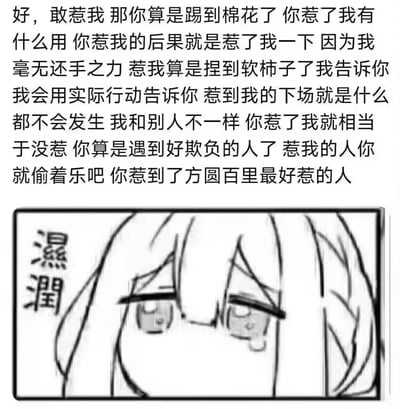 图片上方是一段自嘲式文字，内容为：“好，敢惹我 那你算是踢到棉花了 你惹了我有什么用 你惹我的后果就是惹了我一下 因为我毫无还手之力 惹我算是捏到软柿子了我告诉你 我会用实际行动告诉你 惹到我的下场就是什么都不会发生 我和别人不一样 你惹了我就相当于没惹 你算是遇到好欺负的人了 惹我的人你就偷着乐吧 你惹到了方圆百里最好惹的人”。下方是一幅黑白卡通线稿图，图中是一个长发角色，刘海低垂遮住眼睛，表情显得无精打采，左侧有“湿润”二字。整体通过反差制造幽默效果，表面强硬的开头与实际承认自己软弱可欺的内容形成对比，展现出一种无奈又搞笑的自嘲气质。