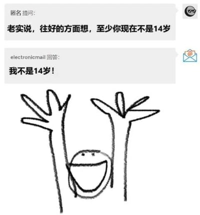 图片展示了一段聊天记录截图，上方为匿名用户的提问：“老实说，往好的方面想，至少你现在不是14岁”，下方是名为“electronicmail”的用户激动反驳：“我不是14岁！”。聊天框下方配有一幅简单的手绘涂鸦，画中是一个圆形脑袋、两点眼睛、大张嘴巴笑的角色，双手高高举起，整体呈现出兴奋、激动的情绪，通过文字与涂鸦结合，形成幽默的回应效果。