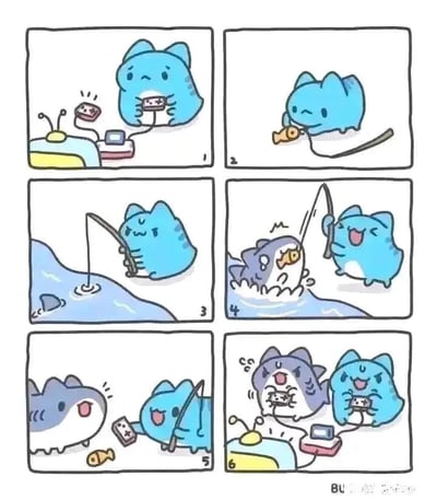 这是一组由六格画面组成的原创治愈系卡通连环漫画。第一格中，一只蓝色猫咪独自坐在电子游戏机前玩游戏，表情低落，显得十分孤单；第二格，蓝色猫咪找来一根简易钓鱼竿，用小鱼当作鱼饵，准备去钓鱼；第三格，蓝色猫咪在水边专注地垂钓，水下的灰蓝色鲨鱼正盯着鱼饵，充满好奇；第四格，鲨鱼猛地冲出水面，一口叼走了小鱼鱼饵，蓝色猫咪则兴奋地高举着钓鱼竿；第五格，蓝色猫咪拿出额外的游戏手柄递给鲨鱼，鲨鱼开心地张开嘴巴，地面上还散落着小鱼和另一个游戏手柄；第六格，蓝色猫咪和鲨鱼一同坐在游戏机前，两人都开心地玩着双人游戏，原本孤单的场景变得充满欢乐。整个漫画讲述了蓝色猫咪从独自消遣到通过钓鱼结识伙伴，最终拥有陪伴的温馨故事，传递出轻松治愈的氛围，没有谐音梗或双关内容。