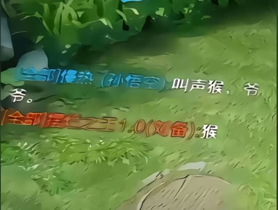 这张图看起来是一个动画或游戏的截图，背景是绿色的草地和植物。图中有两行文字，蓝色文字写着“孙悟空叫声猴，爷”，橙色文字写着“全部武装1.0(刘备):猴”。看起来是把《西游记》中的孙悟空和《三国演义》中的刘备放在一起，通过简单的对话制造幽默效果，玩了一个关于“猴”的谐音梗。